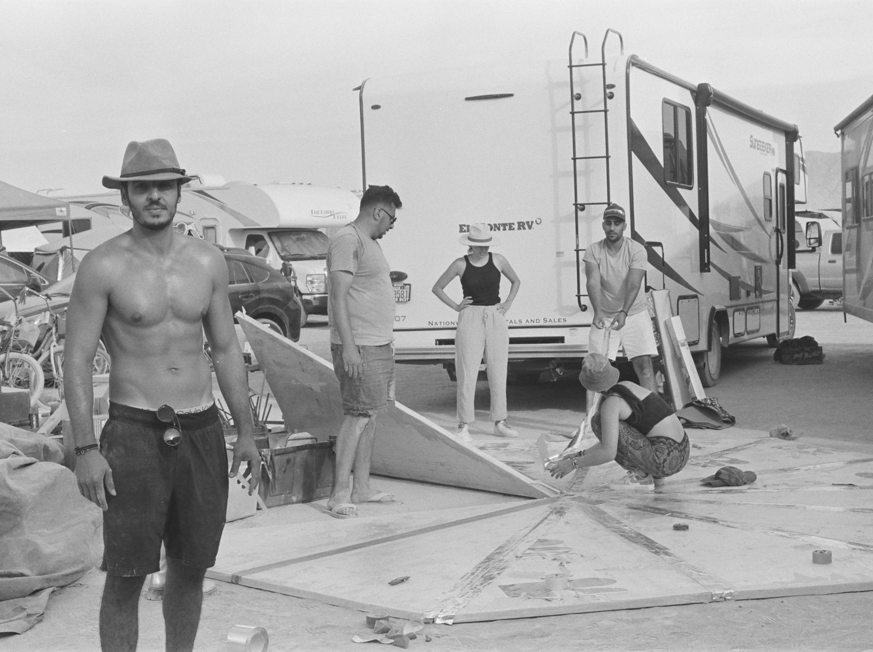 A build day in the desert, photographed in black and white on film